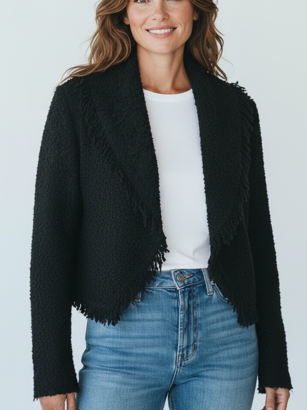 Fuzzi Black Cardigan Sweater with Fringe Trim